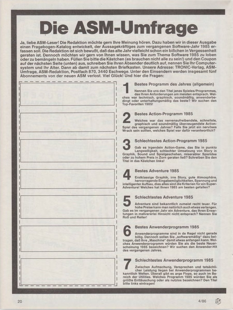 Retrojournal_de's tweet photo. 📮 Die ASM-Umfrage 1986
Damals ganz normal:
Fragebogen aus dem Heft ausschneiden, ausfüllen und per Post an die Redaktion schicken.
Für Leser praktisch –
für heutige Heftsammler der blanke Horror. 😅
Einsendeschluss: 23. Mai 1986. Zu gewinnen: 5 ASM-Abos.
#ASM #80sComputing https://t.co/4WwnH9Pn4f