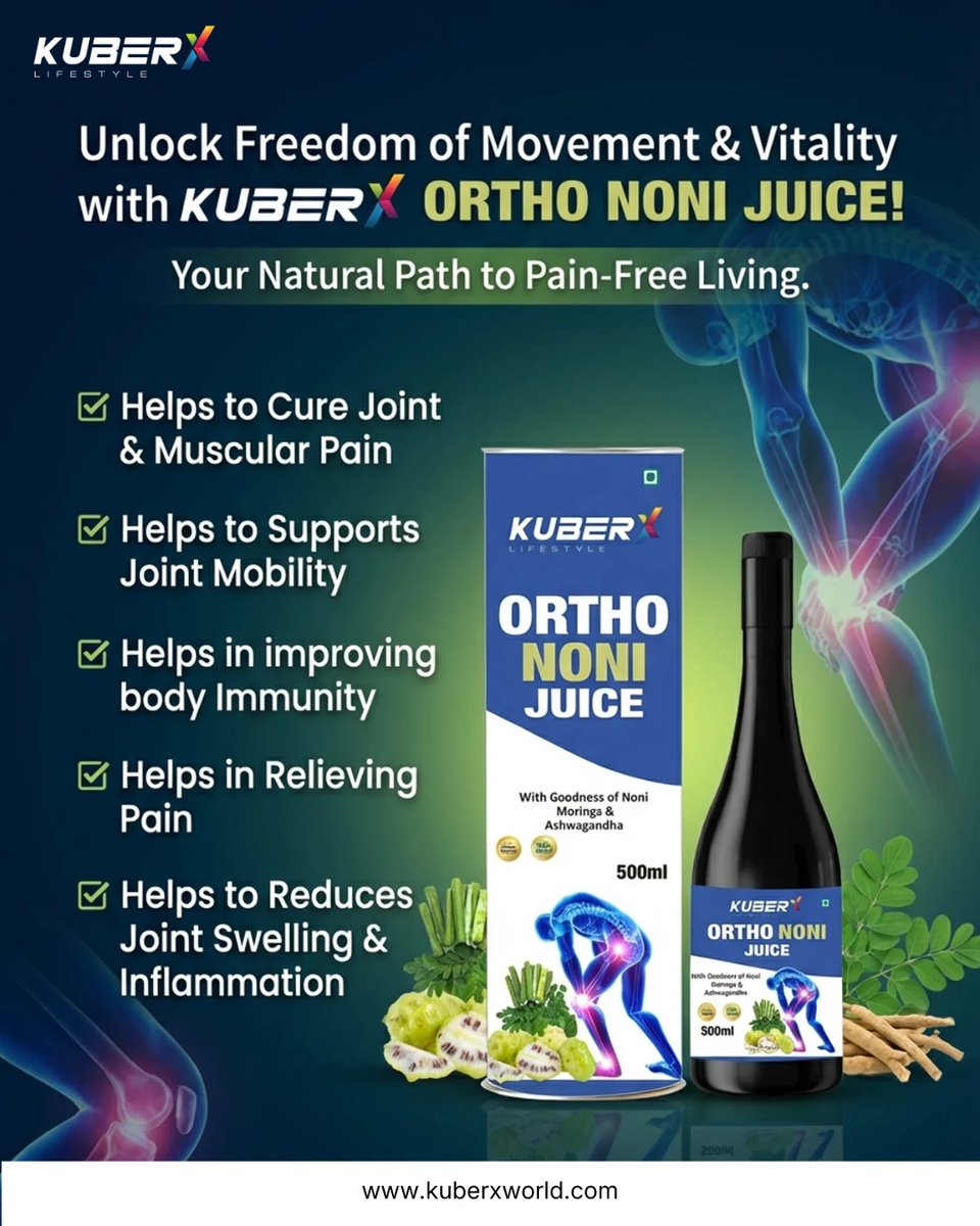 kuberxofficial's tweet image. Move freely and live pain-free with KuberX Ortho Noni Juice 💪🌿
Natural goodness of Noni, Moringa &amp;amp; Ashwagandha for better joint mobility &amp;amp; immunity.

#KuberXLifestyle #OrthoNoniJuice #JointPainRelief #NaturalHealing #AyurvedicHealthJuice.