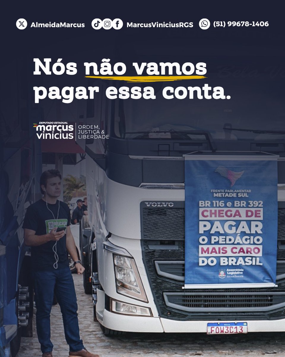 AlmeidaMarcus's tweet photo. A região sul tem uma história conhecida:

📌 menos investimento
📌 menos infraestrutura
📌 menos desenvolvimento econômico

Mesmo assim, sempre aparece uma solução pronta: mais cobrança nas estradas!

Dia 12 estaremos em Brasília, a região Sul será ouvida! https://t.co/QXb73oBo7n