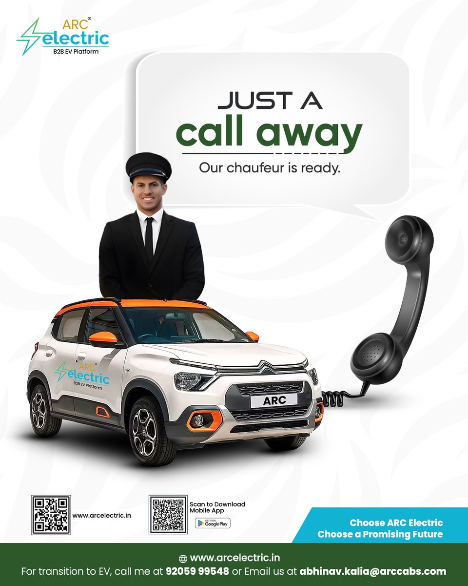 arc_cabs's tweet image. Professional chauffeurs and punctual service are just a call away. Experience effortless booking with ARC Electric Cabs.

📲: bit.ly/arccabs 
🌐: arcelectric.in
 
@WRIIndia @KPMG @IBM @TCS

#ARCElectric #ChauffeurService #ReadyToRide #QuickBooking #SafeTravel