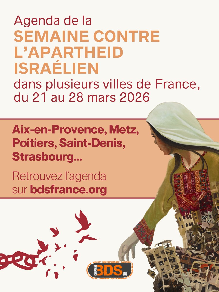 Dans le cadre de la Semaine contre l’Apartheid Israélien (IAW) du 21 au 28 mars 2026, des événements sont organisés dans le monde entier pour exprimer la solidarité avec le peuple palestinien, et BDS France vous invite à y prendre part.
<a href="/apartheidweek/">IsraeliApartheidWeek</a> 
1/3