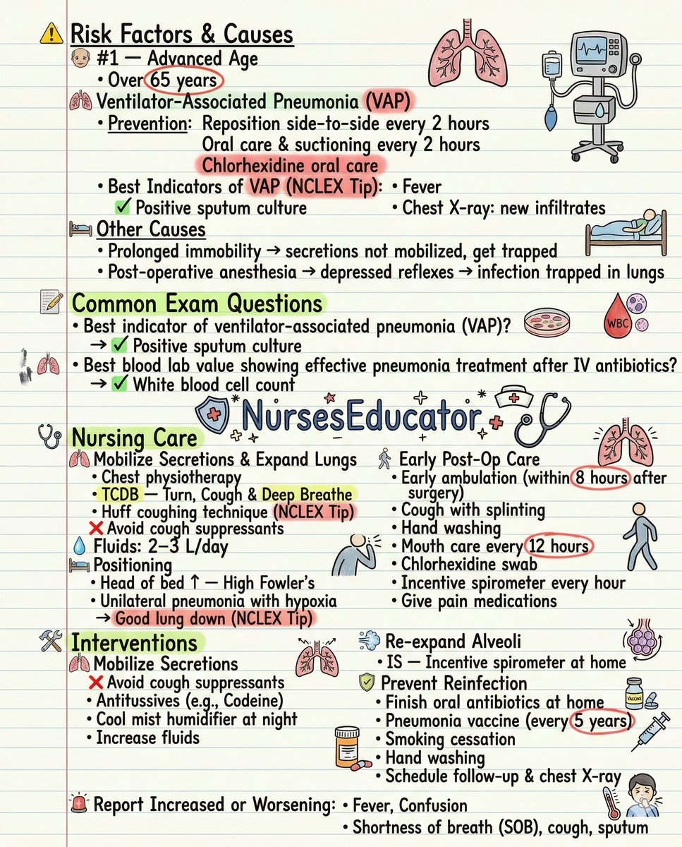 Pneumonia & VAP Nursing Essentials! Best indicator? Positive sputum culture. Treatment success? Watch that WBC count! Positioning? Good lung down for unilateral hypoxia. Perfect #NCLEX cheat sheet for Pneumonia & VAP Nursing Essentials! Best indicator? Positive sputum culture. Treatment success? Watch that WBC count! Positioning? Good lung down for unilateral hypoxia. Perfect #NCLEX cheat sheet for