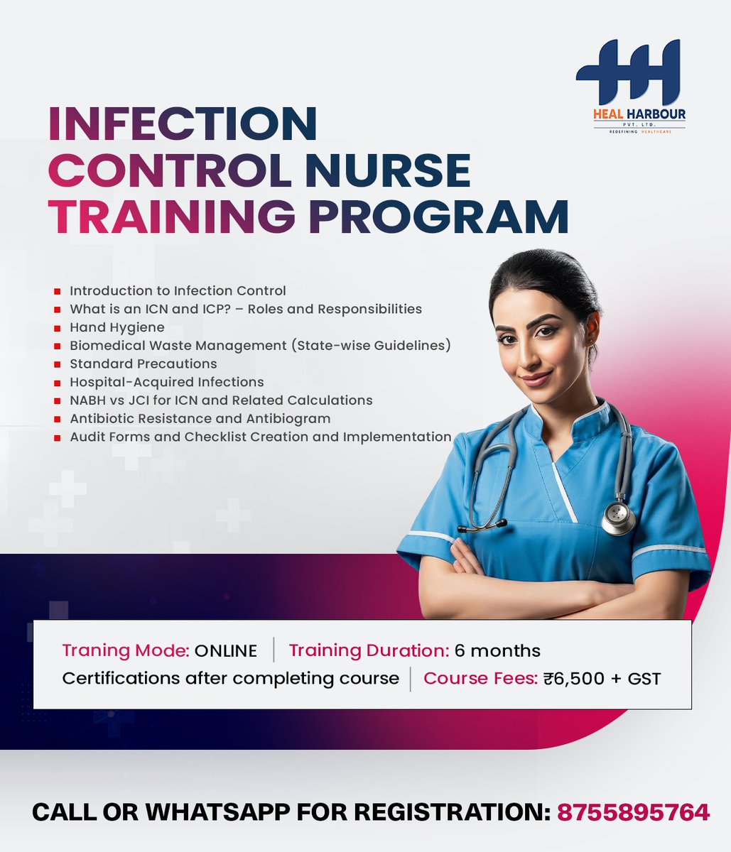 HarbourHeal's tweet photo. Infection Control Nurse Training Program๐ฆ
Enhance your expertise in infection prevention and hospital safety.
๐ Call or Whatsapp for Registration: 8755895764
#InfectionControl #NursingEducation #HealthcareTraining #HospitalInfectionControl #HealHarbour https://t.co/wuUzeA8goQ