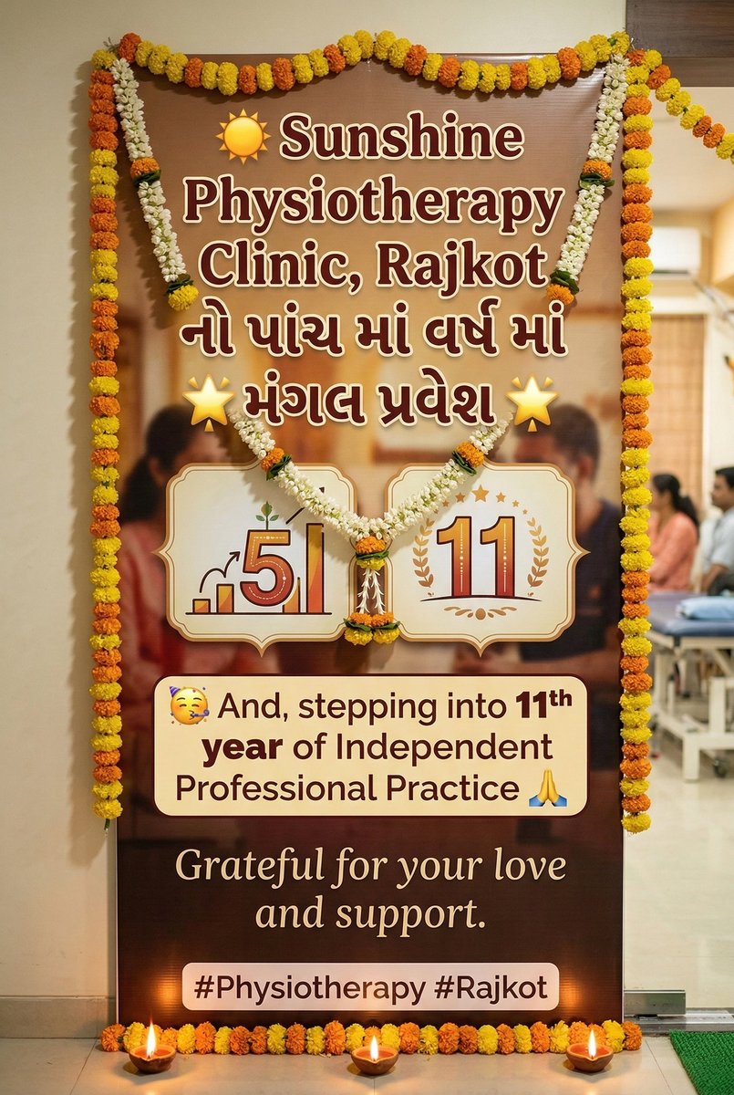 dr_rupareliya's tweet photo. ☀️ Sunshine Physiotherapy Clinic, Rajkot નો પાંચ માં વર્ષ માં મંગલ પ્રવેશ 🌟 

And, stepping into 11th year of Independent Professional Practice 🙏 

Grateful for your love and support. 

#Physiotherapy #Rajkot https://t.co/a5aGcwr4u0
