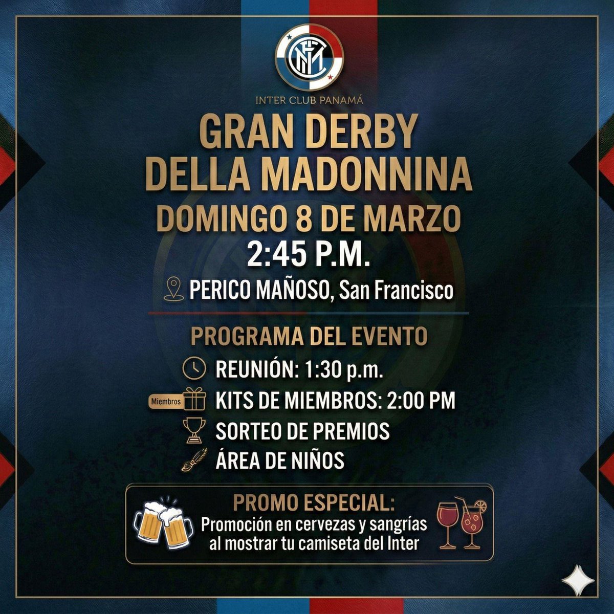 interClubPAN's tweet image. Eres fanático del Inter y no tienes donde ver el derby della madonnina, ven a nuestra reunión a Perico Mañoso, en San Francisco, a las 1:30 p.m. te esperamos, no puedes faltar ! #ForzaInter #InterSempre #Amala #PazzaInter #FCIM #InterMilan #DerbyDellaMadonnina #SerieA #Panama