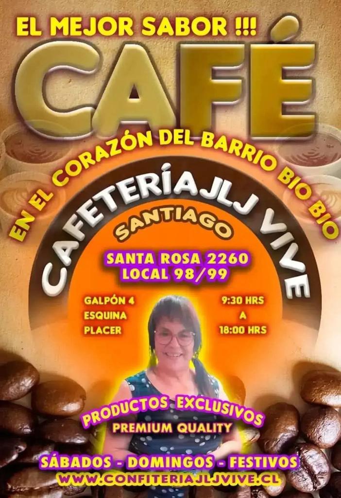 🇨🇱👉CONFITERIA JLJ VIVE
🇨🇱👉BARRIO BÍO BIO 
SANTIAGO 
💖👉ABIERTO 
💖👉SABADOS
💖👉DOMINGOS
💖👉FESTIVOS
👉9.30 18:00 Horas
🇨🇱👉 SANTA ROSA 2260
🇨🇱👉Locales 98/99
🇨🇱👉ESQUINA CALLE PLACER GALPON 4
💖👉DELICIAS AL PASO
💖👉KUCHENES /QUEQUES
💖👉PAI /BEBIDAS
confiteriajljvive.cl
