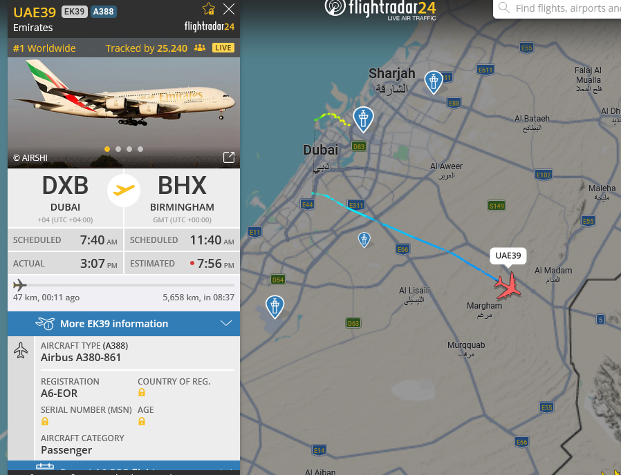 Dubai to Birmingham is the most tracked flight on the world on Flightradar.