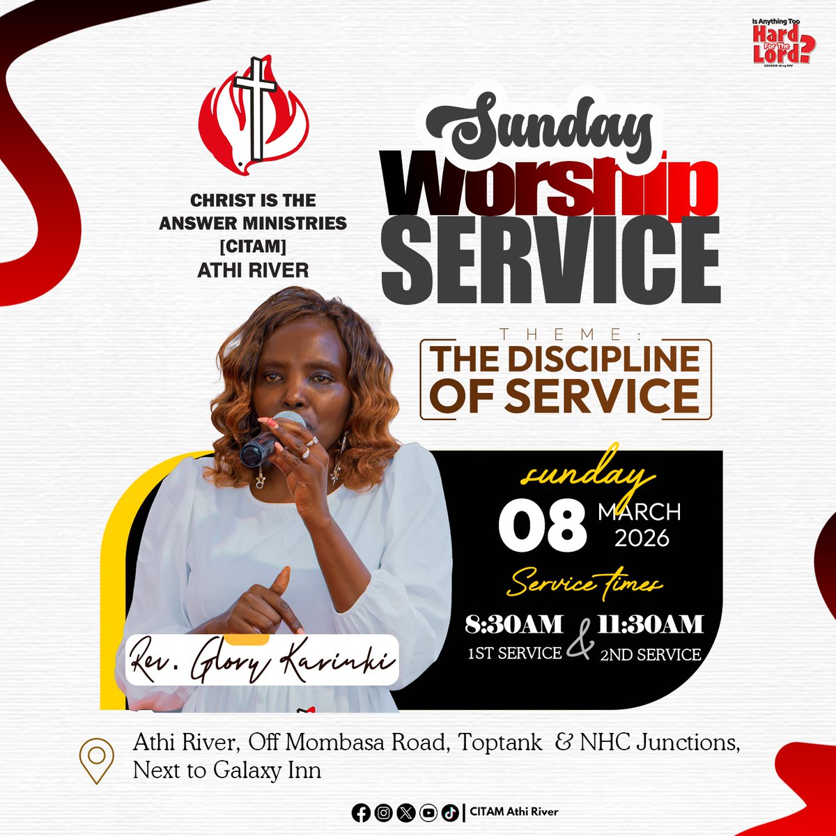 citamathi's tweet photo. This Sunday the 7th of March, our very own, Rev. Glory Kariuki takes us through the Discipline of Service.

Join us for our 1st &amp; 2nd services at 8:30am &amp; 11:30am respectively. Invite a friend and see you in church.

 #CITAMAthiRiver #NothingIsImpossibleWithGod #ChristIsTheAnswer https://t.co/5lRaK5E5is