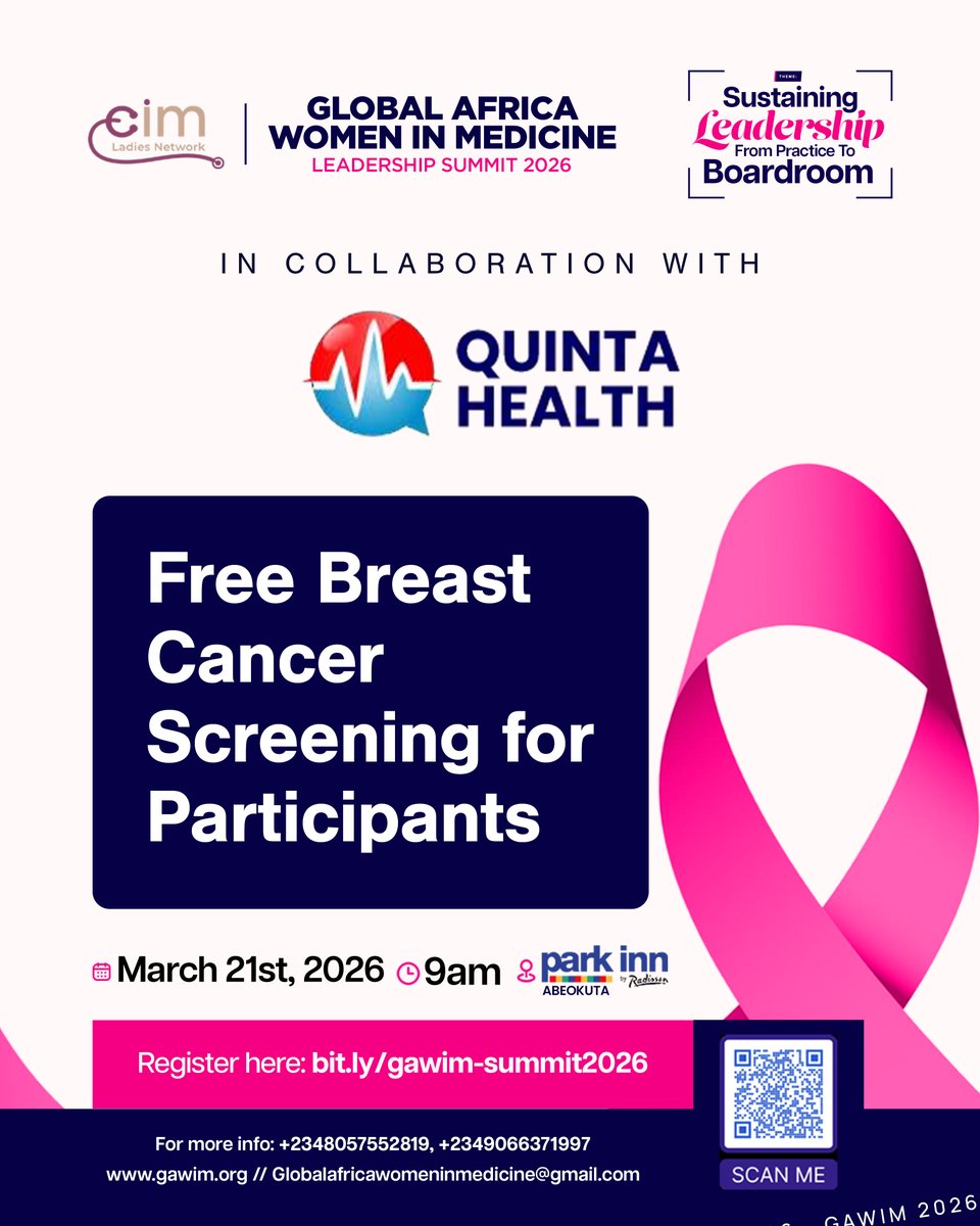 Naijaladydocs's tweet photo. Your health matters. Your leadership matters. 🎗️

Participants at the Global Africa Women in Medicine Leadership Summit 2026 will receive complimentary breast cancer screenings, in collaboration with @quintahealth.

📅 March 21, 2026
🕘 9 AM
📍 Park Inn by Radisson, Abeokuta https://t.co/yk6YXiR3bt