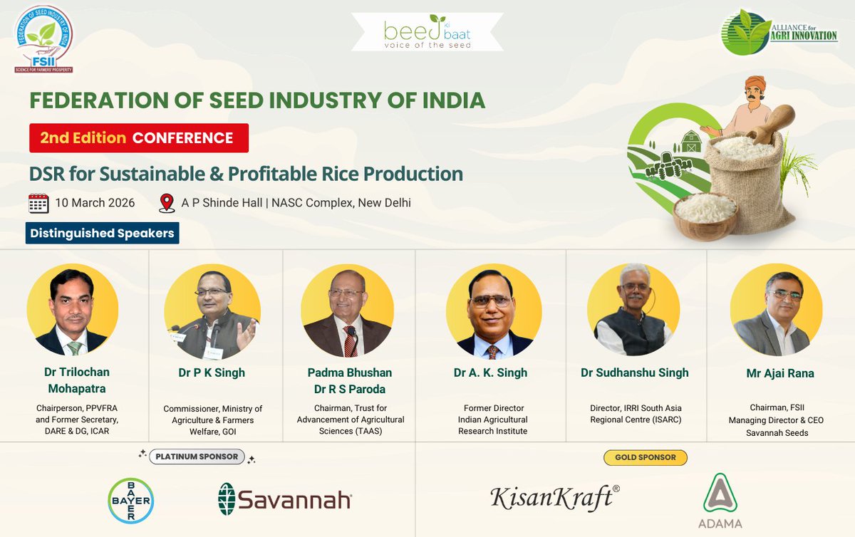 Join FSII’s 2nd DSR Conference to explore sustainable, profitable rice farming with industry leaders and experts.

<a href="/Sudhanshu_IRRI/">Sudhanshu Singh</a> | <a href="/Bayer/">Bayer AG</a> | <a href="/Kisankraft1/">KisanKraft Limited</a>  |<a href="/AdamaAgri/">ADAMA Ltd.</a>  |<a href="/aks_gene/">A.K. Singh</a>  | <a href="/icarindia/">Indian Council of Agricultural Research.</a> | <a href="/AgriGoI/">Agriculture INDIA</a> | <a href="/iaripusa1/">IARI Pusa New Delhi</a> |<a href="/irri/">IRRI 🌾</a>

#BeejKiBaat #FSII #VoiceOfTheSeed #DSRConference #Rice