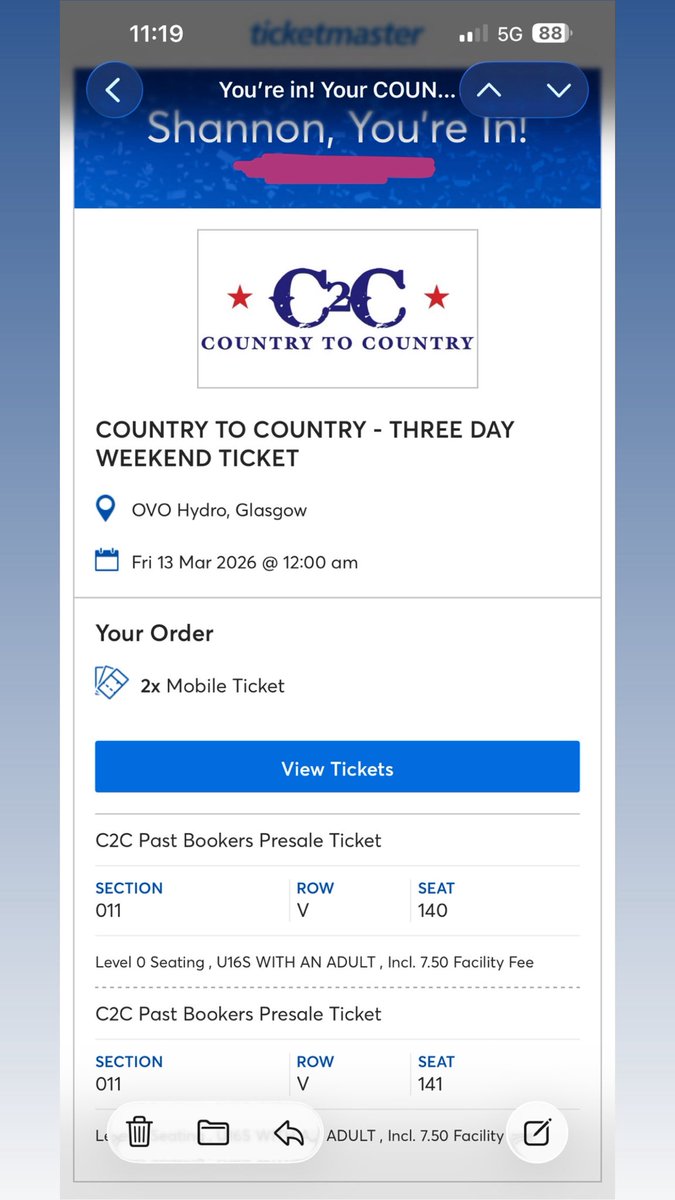 Shann_Graham's tweet photo. x2 Country2Country tickets for Glasgow on 13-15th of March🤠 seats sect 011, row V seats 140 &amp; 142.
Paid £377, looking for £360 each, happy to transfer instead of through ticket master but listed for now. 

https://t.co/YcNGmng8AQ https://t.co/iE1qtQlIUW