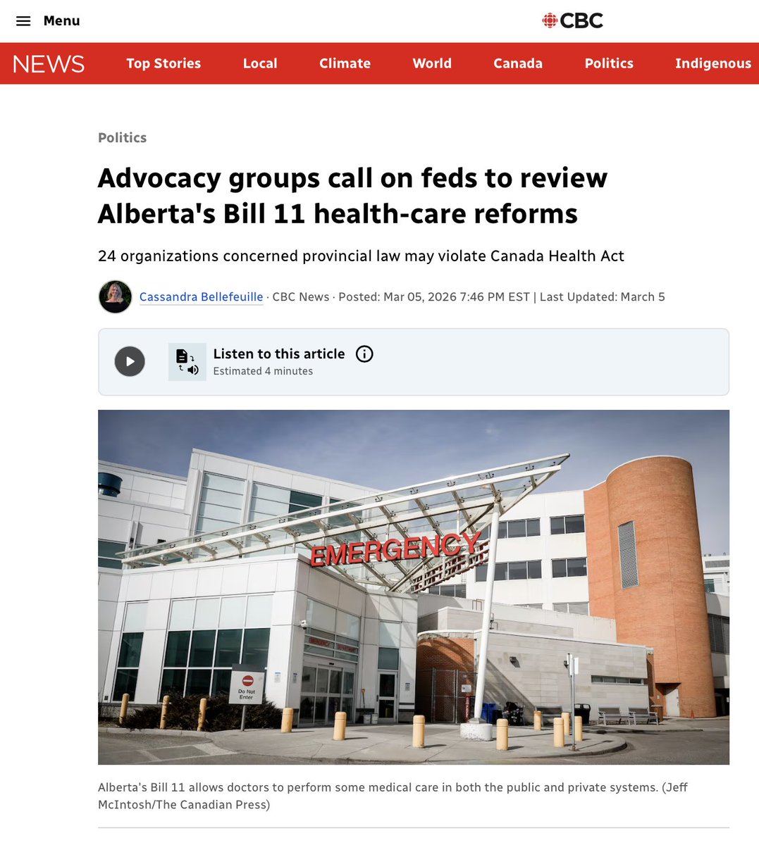 Canadian Medical Association President Dr. Burnell echos the deep concern of Canadian doctors about Alberta's plan to expand private healthcare. It's a clear violation of the Canada Health Act. Who will stand up for regular Albertans and against Bill 11. 
cbc.ca/news/politics/…