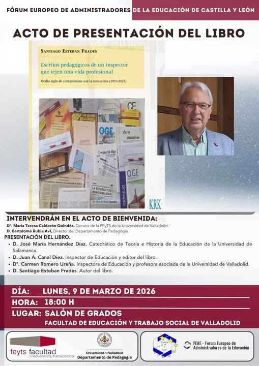 El  9 de marzo a las 18 h., Santiago Esteban Frades presenta su libro “Escritos pedagógicos de un inspector que tejen una vida profesional”. Se ha habilitado un enlace de Teams para todos aquellos que queráis seguir la presentación de manera virtual: teams.microsoft.com/meet/332861072…