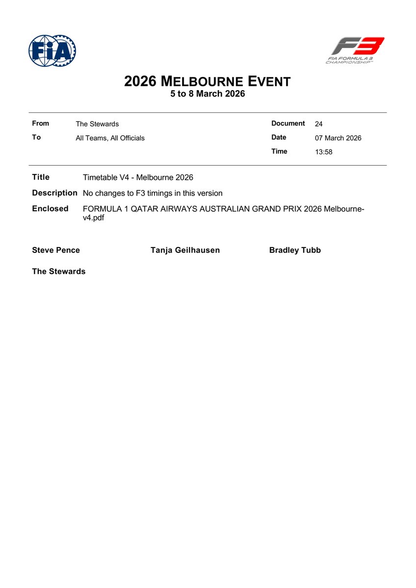 f3docsbot's tweet photo. New document: Doc 24 - Timetable V4 - Melbourne 2026
Published on 07.03.26 03:59 CET

https://t.co/A8ApN80Zrz
#F3 #Formula1 #FIA https://t.co/U8mjO7z62D
