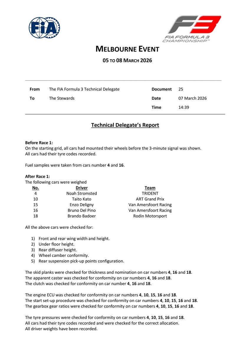 f3docsbot's tweet photo. New document: Doc 25 - F3 Technical Delegates Report 4
Published on 07.03.26 04:42 CET

https://t.co/5EombCZnc5
#F3 #Formula1 #FIA https://t.co/Pc9KkAokhJ