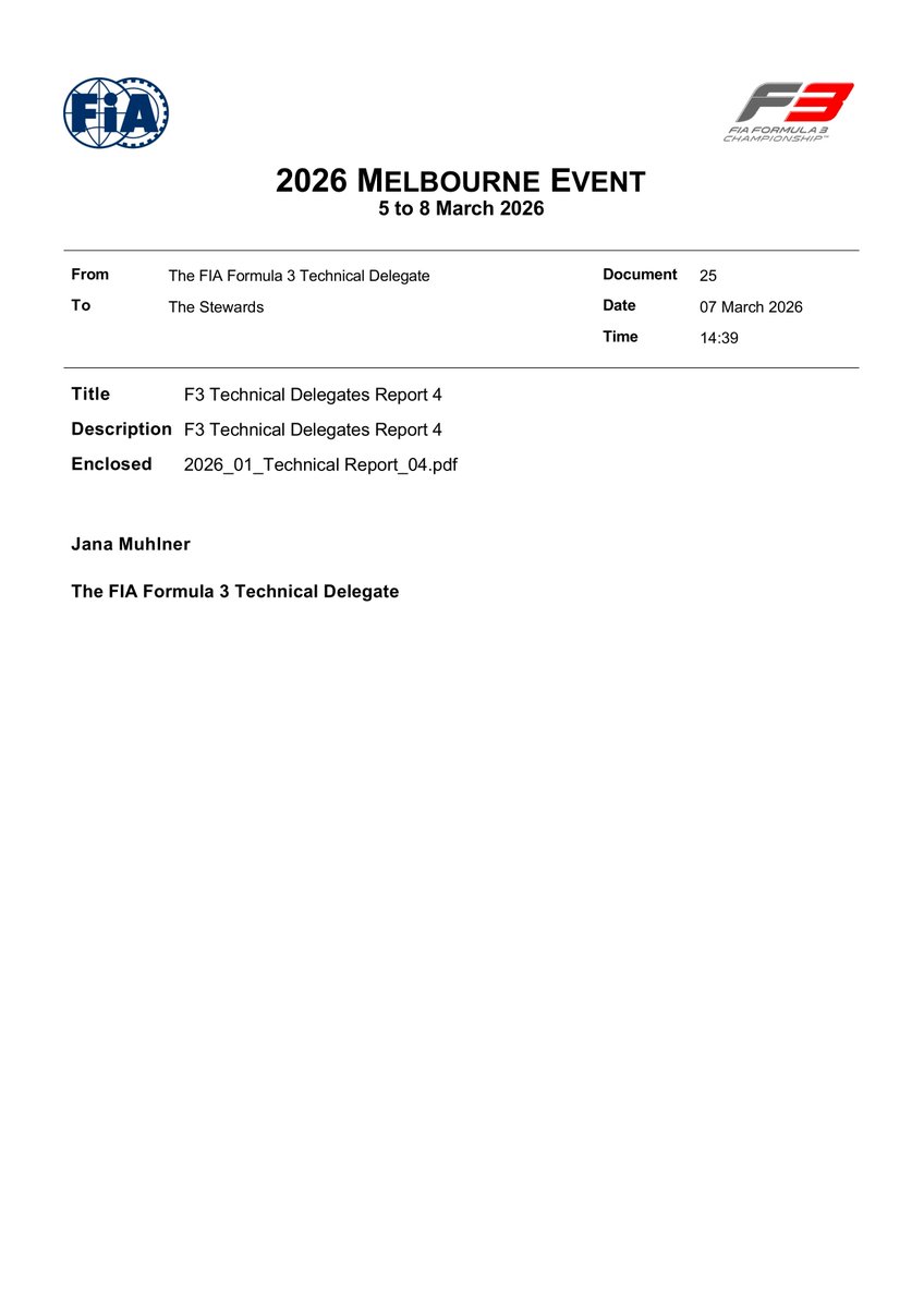 f3docsbot's tweet photo. New document: Doc 25 - F3 Technical Delegates Report 4
Published on 07.03.26 04:42 CET

https://t.co/5EombCZnc5
#F3 #Formula1 #FIA https://t.co/Pc9KkAokhJ