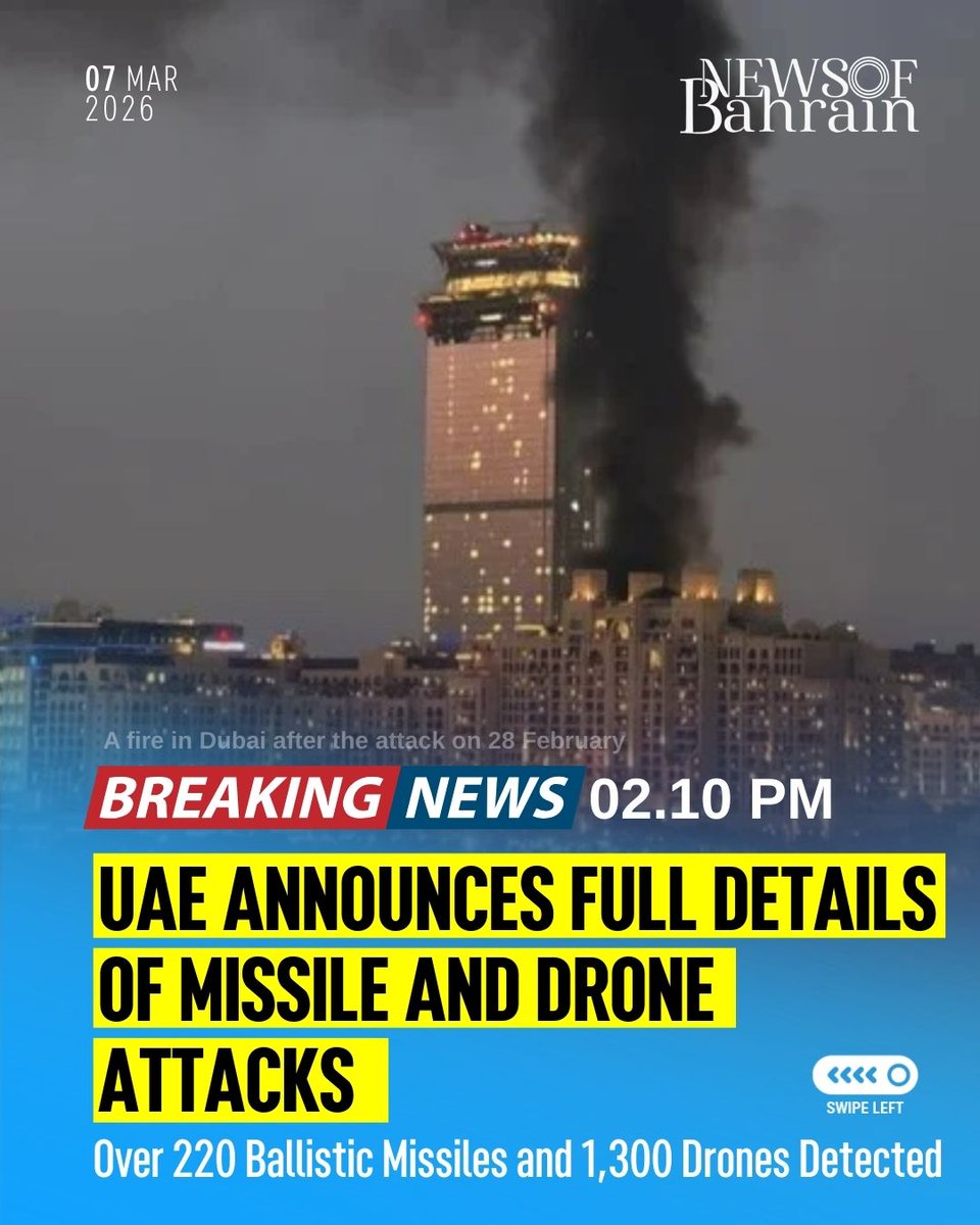 newsofbahrain's tweet image. #Update | 02.10 PM | UAE Announces Full Details of Missile and Drone Attacks. Since the beginning of the escalation, 221 ballistic missiles and 1,305 drones have been detected targeting the UAE.
#NewsofBahrain #news #Bahrain #Manama
