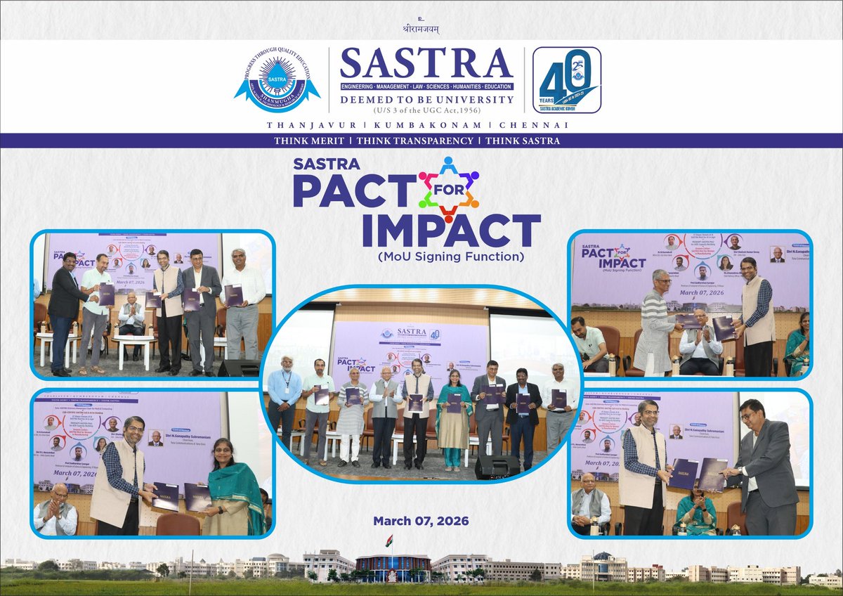 SastraUniv's tweet photo. Its time to Act after the SASTRA PACT for IMPACT event @SastraUniv Look fwd to actionable deliverables maximizing all possible outcomes as envisaged in the MoUs signed today. @Zoho @ramprakashr @CentificGlobal @Prodapt @svembu @SVaidhyasubrama @SASTRAUniAlumni @EduMinOfIndia https://t.co/uETyVfuV7Q