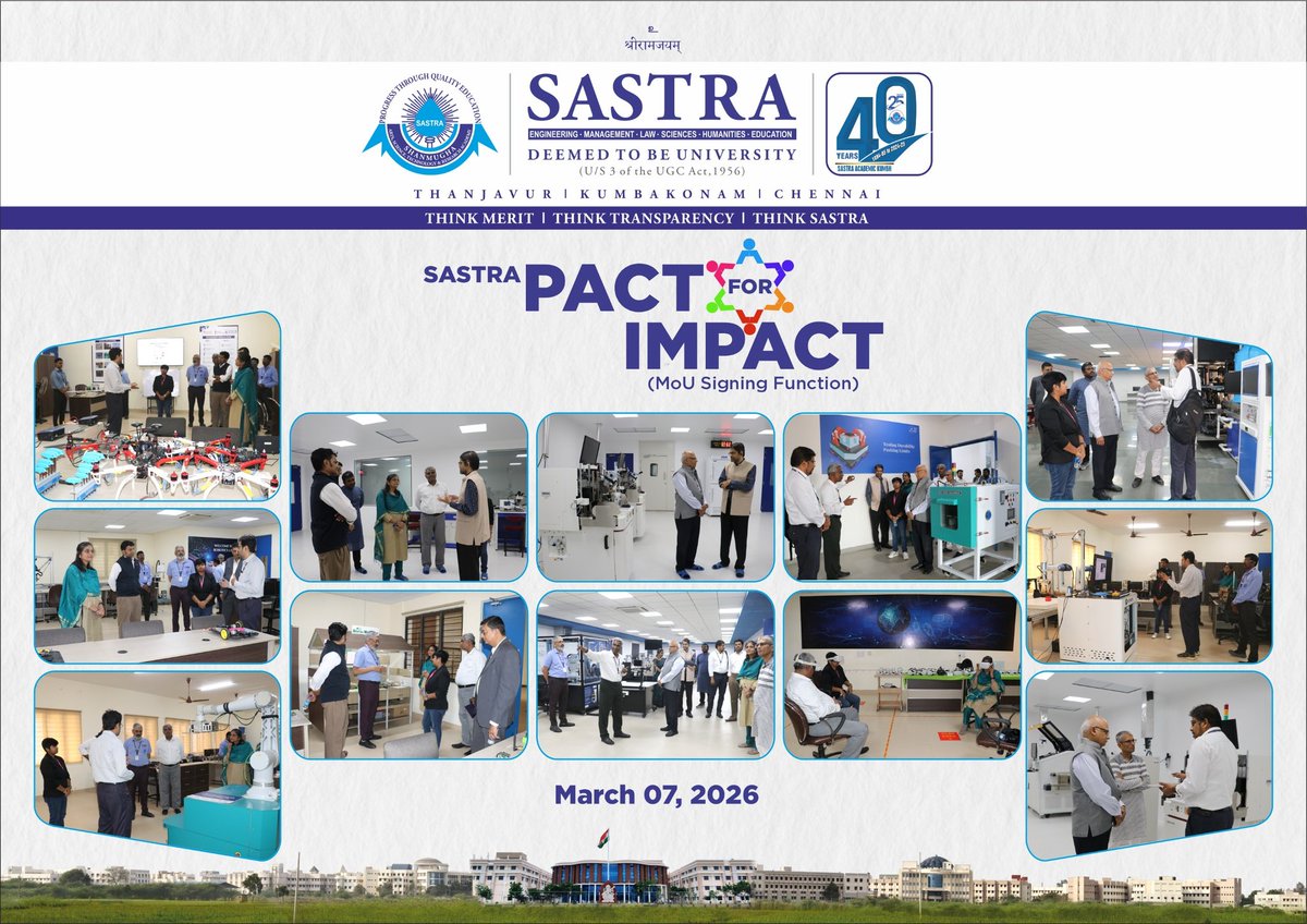 SastraUniv's tweet photo. Its time to Act after the SASTRA PACT for IMPACT event @SastraUniv Look fwd to actionable deliverables maximizing all possible outcomes as envisaged in the MoUs signed today. @Zoho @ramprakashr @CentificGlobal @Prodapt @svembu @SVaidhyasubrama @SASTRAUniAlumni @EduMinOfIndia https://t.co/uETyVfuV7Q