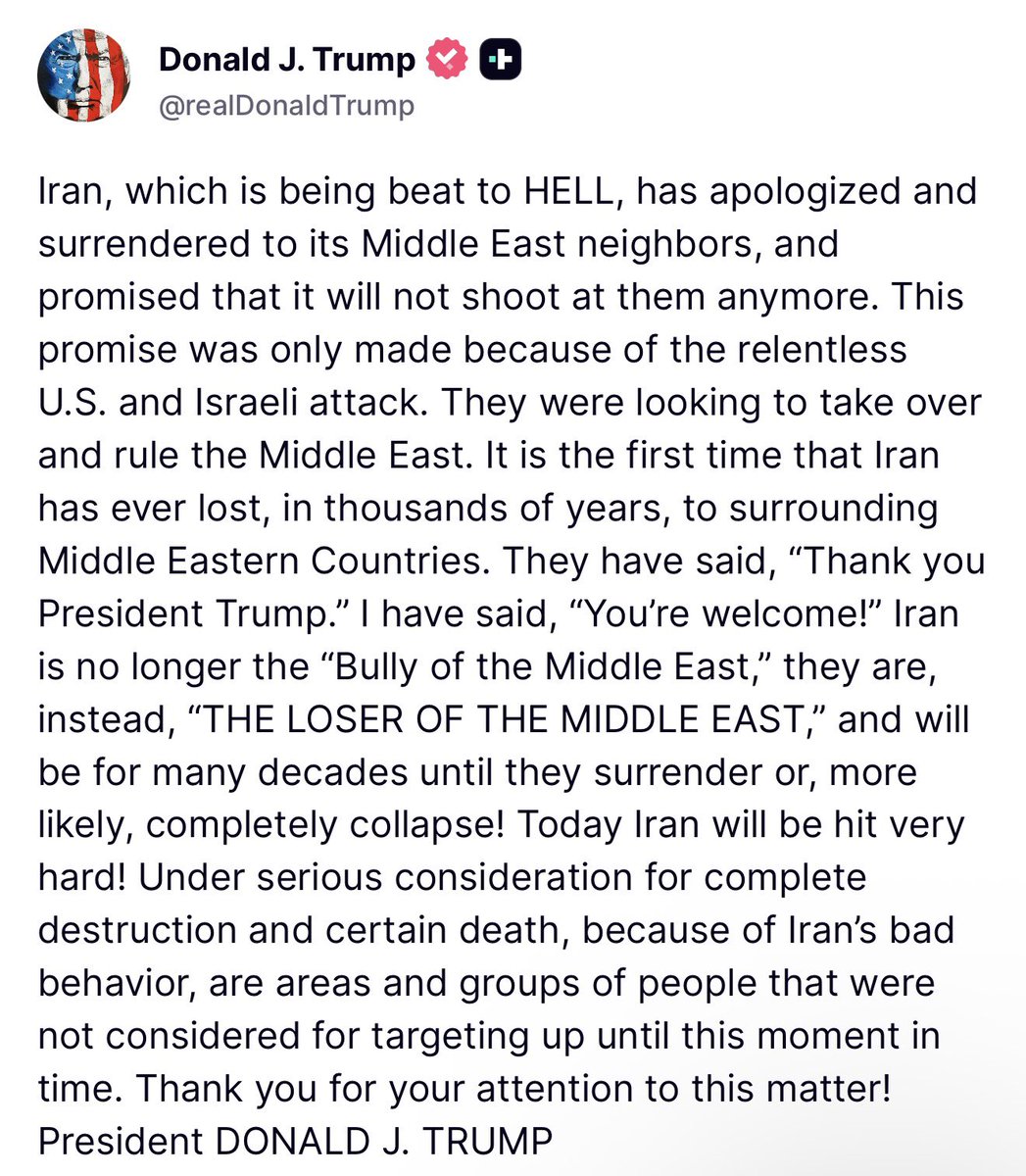 StarcityDirect's tweet photo. 🇺🇸 TRUMP JUST POSTED THIS

President Donald Trump says Iran has “surrendered,” calling it the “loser of the Middle East,” and warns that a hard strike could happen today.
#Trump #Iran #MiddleEast https://t.co/ZbFjHgDZlN