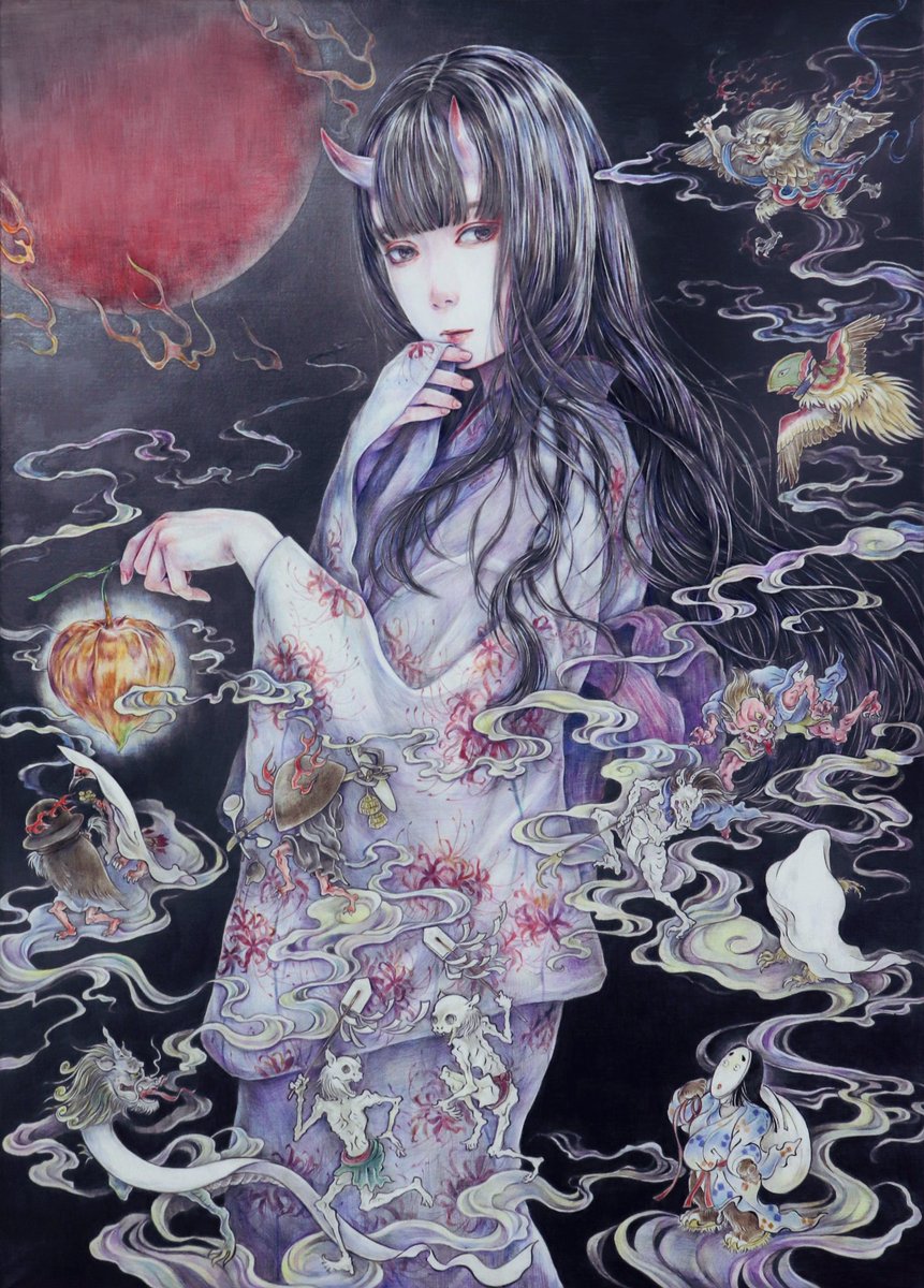 みうらじろうギャラリーさんでの個展、明日で最終日です。
今回の個展の作品は、妖怪や空想の生き物たちの行列のようなイメージで制作しました。
最終日、お近くの際はお立ち寄りいただければ嬉しいです。

「百鬼夜行図」
F20号
ケント紙にミリペン、パステル、色鉛筆他