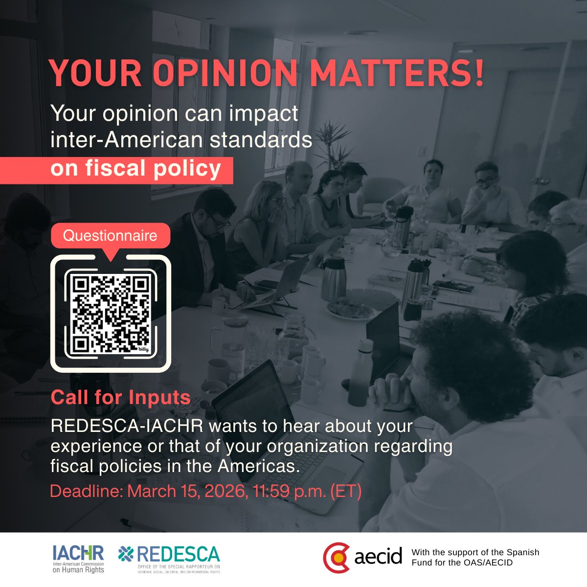 DESCA_CIDH's tweet image. 📣#JoinUs The IACHR Special Rapporteurship on ESCER (REDESCA) is conducting consultations with a view to developing inter-American standards so that #fiscalpolicies in the Americas prioritize human rights and ESCER.
Download the questionnaire: oas.org/en/iachr/jsFor…
With the