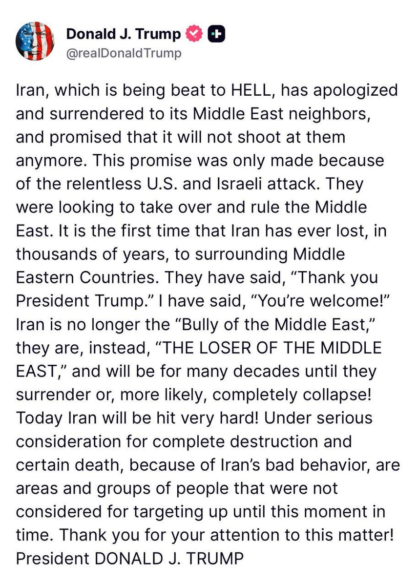 mozdooryabi's tweet photo. پست جدید ترامپ توی برنامه ی تروث ، در واکنش به عذرخواهی پوزیده از کشور های منطقه(ترجمه در منشن)
#DigitalBlackoutlran 
#IranMassacre 
#KingRezaPahlavi https://t.co/oLwjjfyxh8
