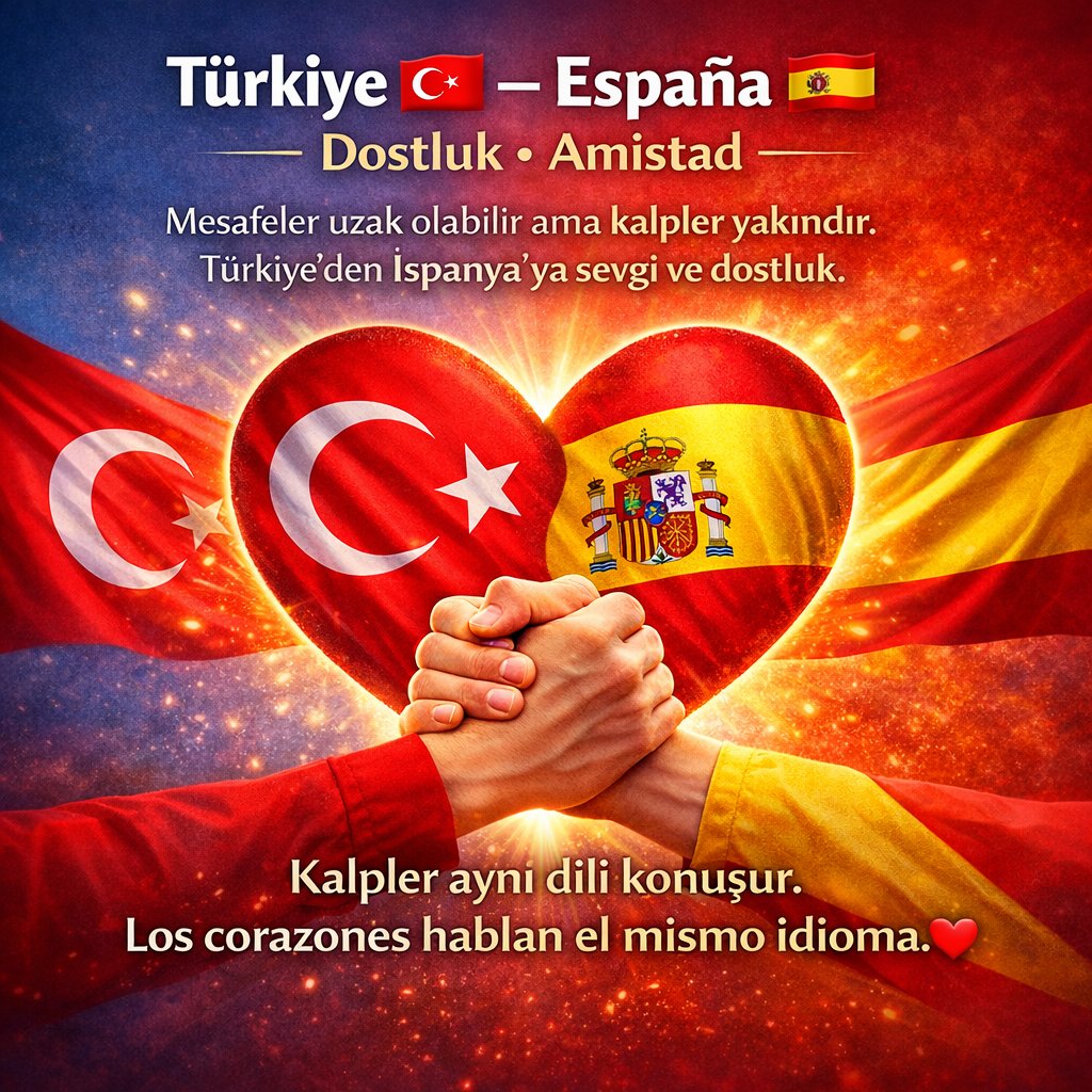 Mesafeler uzak olabilir ama kalpler her zaman yakındır. Türkiye’den İspanya’ya sevgi ve dostlukla... ❤️
Kalpler aynı dili konuşur. 🤝

Los corazones hablan el mismo idioma.

#Türkiye #España #Dostluk #Amistad #Friendship #Turkey #Spain #CommonLanguage #Peace