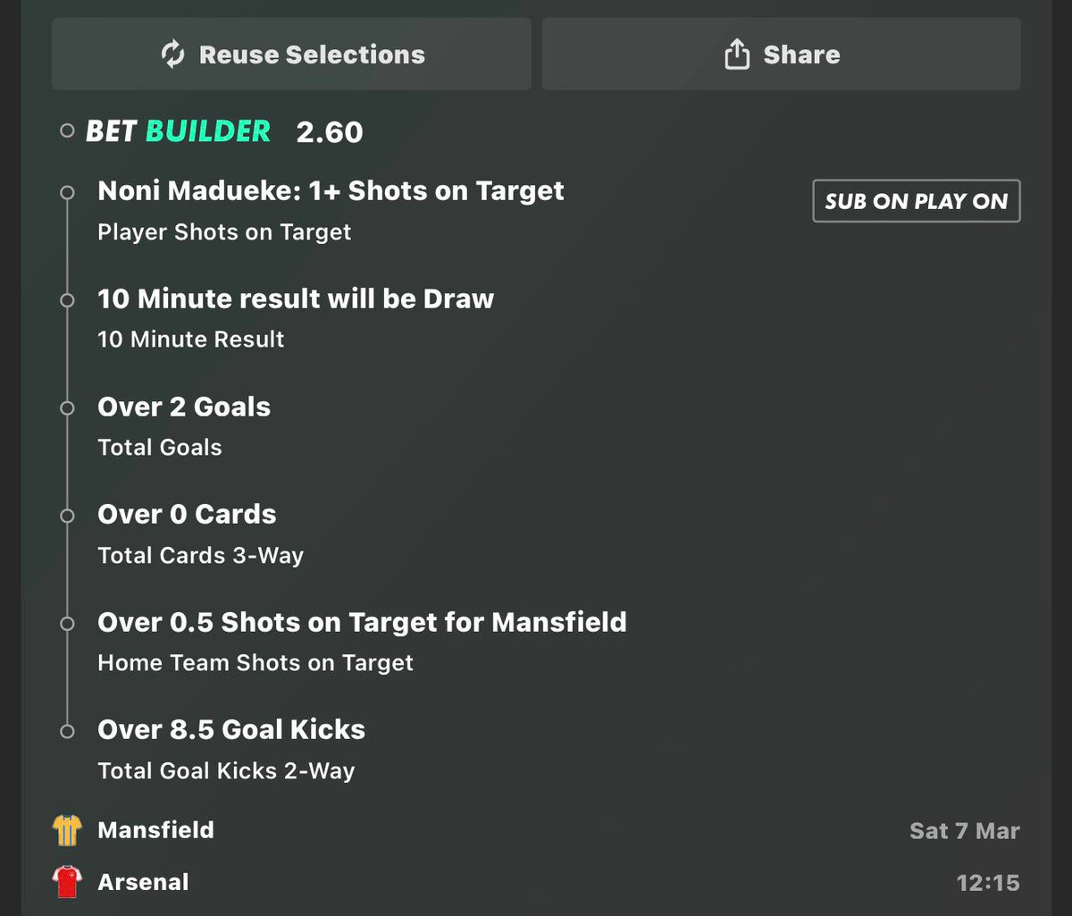 DailyBettingPot's tweet image. Mansfield vs Arsenal bet builder