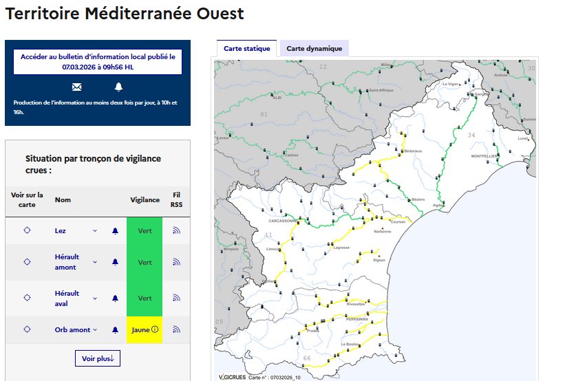 Prefet34's tweet photo. 🟡🌧️Actualisation météo 

Le département de l’Hérault est maintenu en vigilance jaune pour le phénomène pluies-inondations et en vigilance jaune pour le phénomène crues, notamment sur le bassin de l’Orb amont.

🌧️ Les précipitations vont se poursuivre jusqu’à dimanche.

Les cumuls de pluie attendus sur les prochaines 24 heures (de samedi midi à dimanche midi) :
• 15 à 20 mm sur le littoral et les secteurs de plaine
• 20 à 30 mm sur les hauts cantons
• Jusqu’à 30 à 50 mm localement vers le secteur de l’Espinouse

👉Ces précipitations sont susceptibles d’entraîner des réactions de certains cours d’eau, en particulier sur l’Orb amont.

⚠️ Soyez vigilants lors de vos déplacements, notamment à proximité des cours d’eau.
ℹ️ Tenez-vous informés de l’évolution de la situation ⤵️
https://t.co/yFhYKHlmOu
