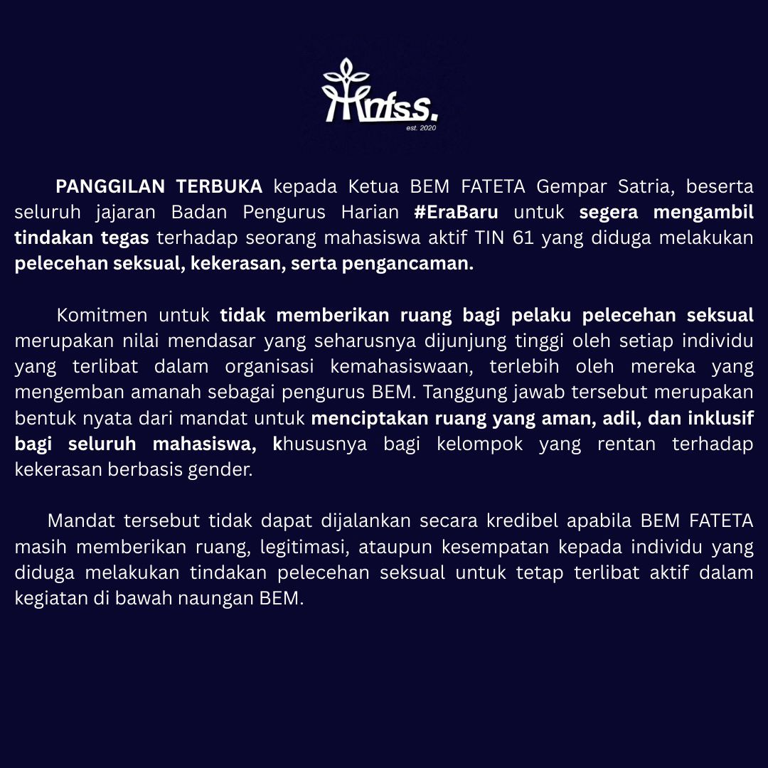 ipb_menfess's tweet photo. ⚠️‼️ALERT‼️⚠️
Trigger Warning : Sexual Assault / Violence

Panggilan Terbuka kepada Ketua BEM FATETA Gempar Satria, beserta jajaran Badan Pengurus Harian #EraBaru @bemfatetaipb @FATETA_IPB https://t.co/goOEHNI0YC