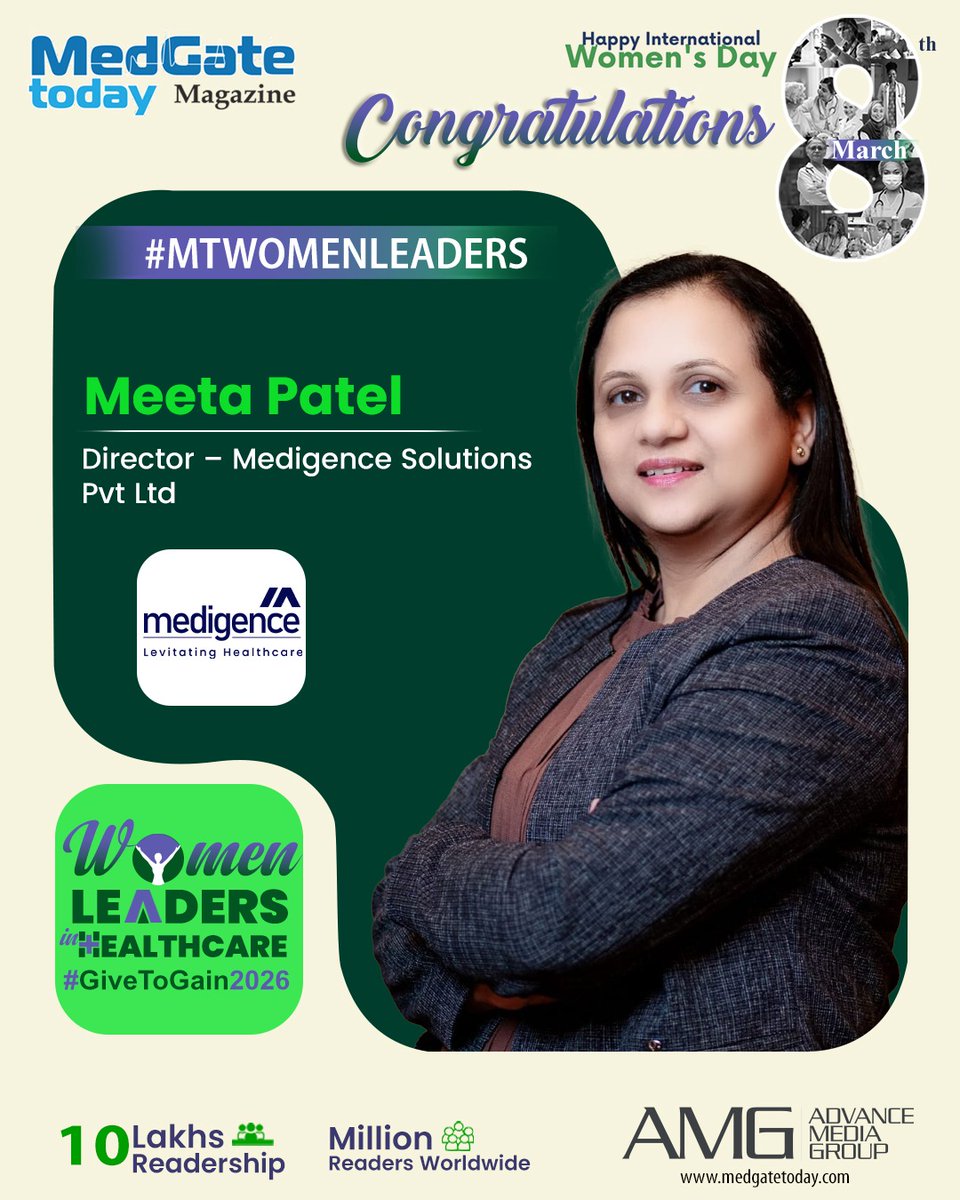 Medgate_Today's tweet photo. Celebrating inspiring women making a difference in healthcare this International Women's Day
Honouring Meeta Patel, Director at Medigence Solutions Pvt Ltd, as one of the #MTWomenLeaders featured by MedGate Today.
#MTWomenLeaders #WomenInHealthcare #HealthcareLeadership https://t.co/5kZ5S0X50D