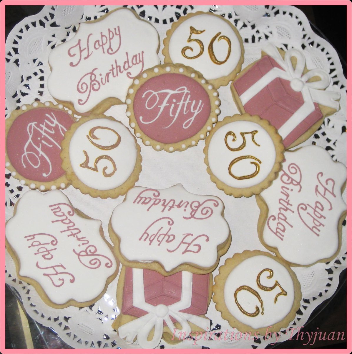 50th Birthday Cookies

#birthday    
#birthdaycookies    
#fiftyandfabulous 
#dessert 
#desserttable 
#SweetTreats
#edibleart 
#ediblegifts  
#cookies     
#decoratedcookies     
#cookieart