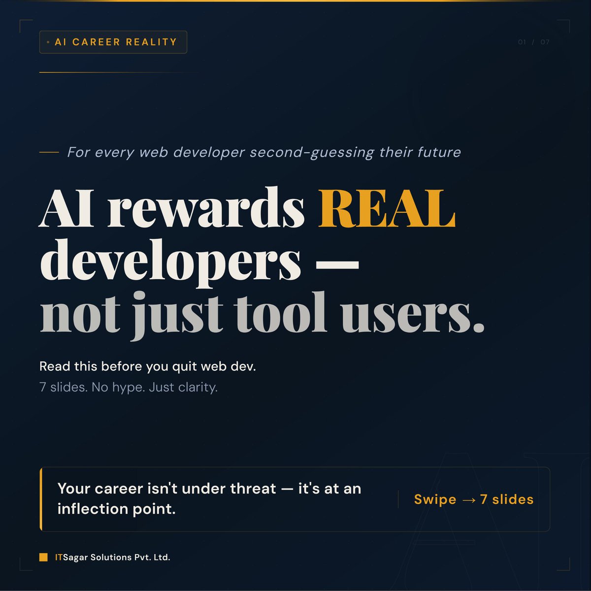ItsagarSol's tweet photo. AI isn’t replacing developers. It’s replacing code-typing as a job.
What stays valuable: design → integrate → verify → ship.👇
#SoftwareEngineering #WebDevelopment https://t.co/xfrUN9QOUb