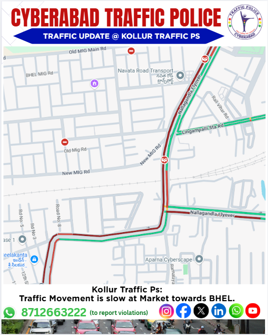 CYBTRAFFIC's tweet photo. 🚦 Kollur Traffic Update
Traffic movement is slow at Market area towards BHEL.
Commuters are advised to plan their travel accordingly and expect slight delays.
Please drive safely and follow traffic guidelines.
#Cybtraffic #KollurTraffic #TrafficUpdate #DriveSafe #TrafficAlert #BHELRoute #CityTraffic
