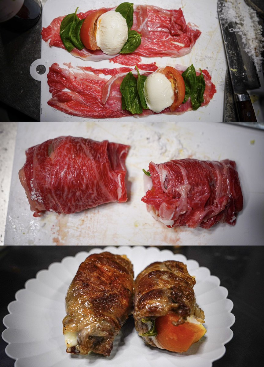 ryoma_baniku's tweet photo. 長谷川あかりの肉巻きカプレーゼ、美味すぎる。
「え、ボクも焼かれるんすか！？」と戸惑う生ハムを、熱々のまま頬張る背徳感。 https://t.co/Hgf6fjsj2l