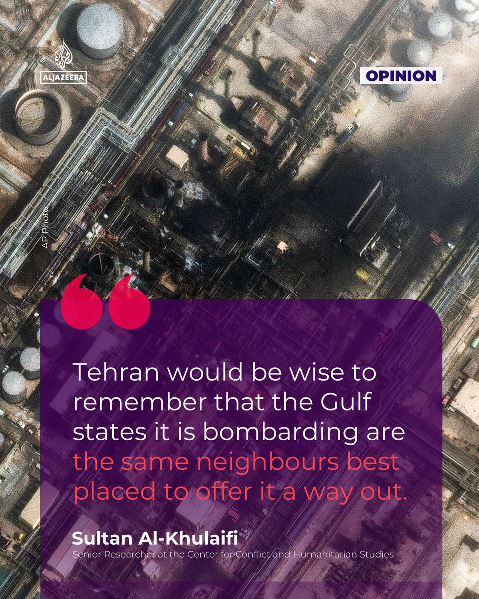 AJEnglish's tweet photo. Iran’s strikes on the Gulf: Burning the bridges of good neighbourliness — #AJOpinion by Sultan Al-Khulaifi.

🔗: https://t.co/Ue2rDmGa6p https://t.co/yvgnImNVdA