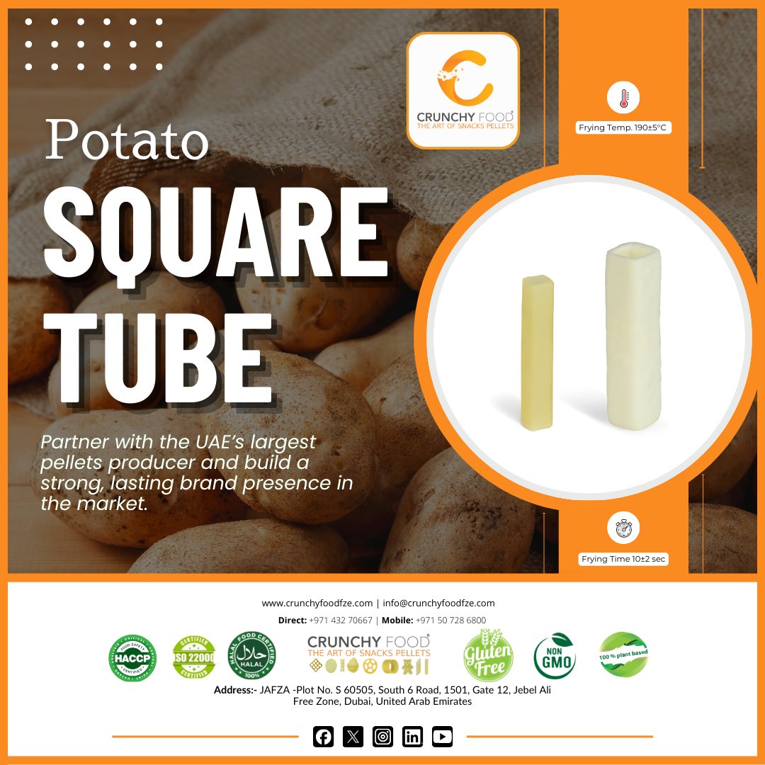 CrunchyFoodFze's tweet photo. ✨ A Shape That Enhances Flavour!

We produce #potatosquaretube snack pellets using modern European processing systems, ensuring consistent quality. Each pellet helps brands create something distinctive.

🌐 https://t.co/EWCQohSFaO

#crunchyfoodfze #snackpellets https://t.co/VlJ21kYUzX