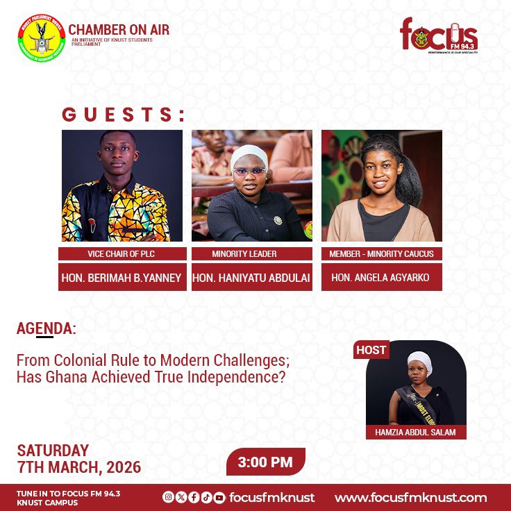 Iam_Berimah's tweet photo. Today at 3:00 PM sharp, I’ll be live on Chamber on Air (Focus FM 94.3 KNUST) unpacking the big question: From colonial rule to today… has Ghana truly achieved independence?  
Catch me with Hon. Haniyatu Abdulai & Hon. Angela Agyarko.  
Tune in! 📻🇬🇭  
#ChamberOnAir #Ghanaat69 #KNUSTParliament