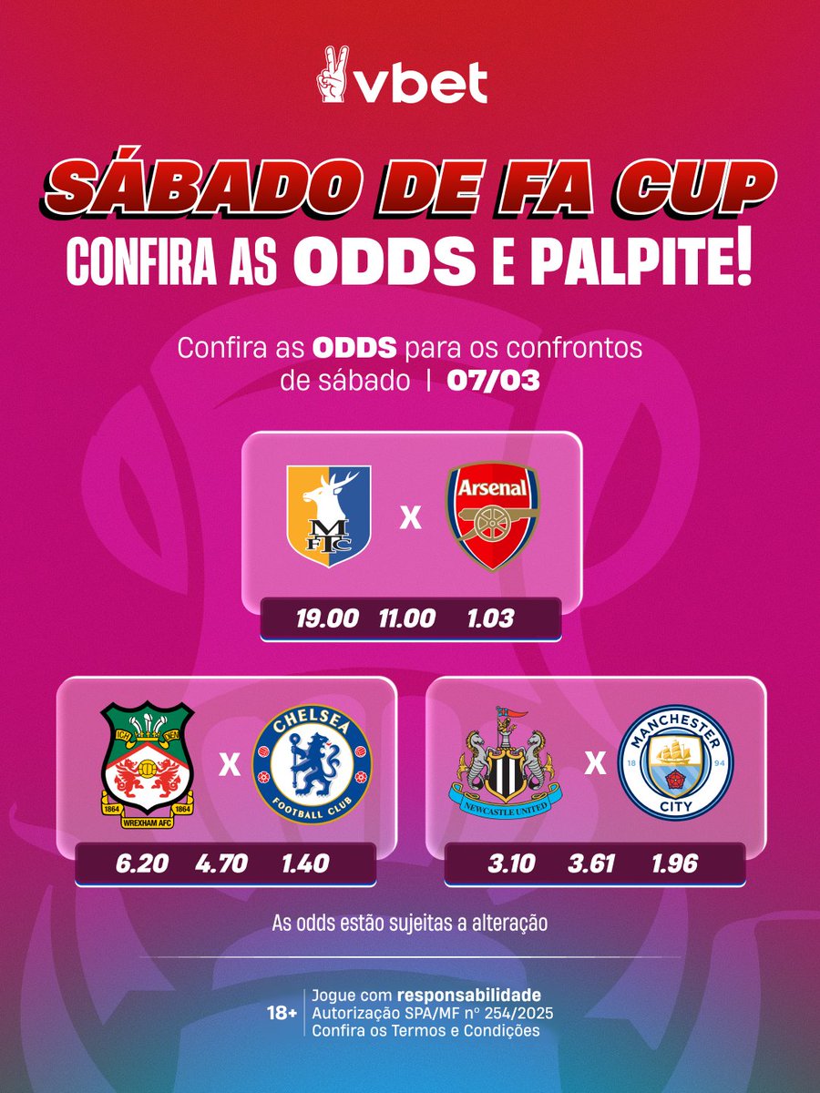 vbet_brasil's tweet image. O CHARME DA FA CUP NA VBET! 🏴󠁧󠁢󠁥󠁮󠁧󠁿🏆

Sábado de tirar o fôlego pela rodada da FA Cup! O dia reserva duelos épicos: o Arsenal visita o Mansfield Town, enquanto o Chelsea encara o desafio fora de casa contra o ascendente Wrexham. Para fechar o dia com chave de ouro, um confronto de