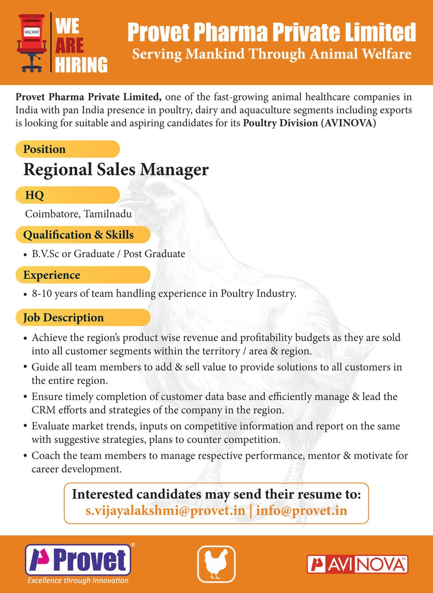 provetppl's tweet photo. We are hiring!
Job Designation: Regional Sales Manager – Poultry Division (AVINOVA)

#Provetpharma #CareerOpportunity #wearehiring #poultryjobs #salesmanager #recruitment #managers #placements #Avinova #JobAlert #jobopening #CareerPath #ApplyNow https://t.co/b3HB52HpTc