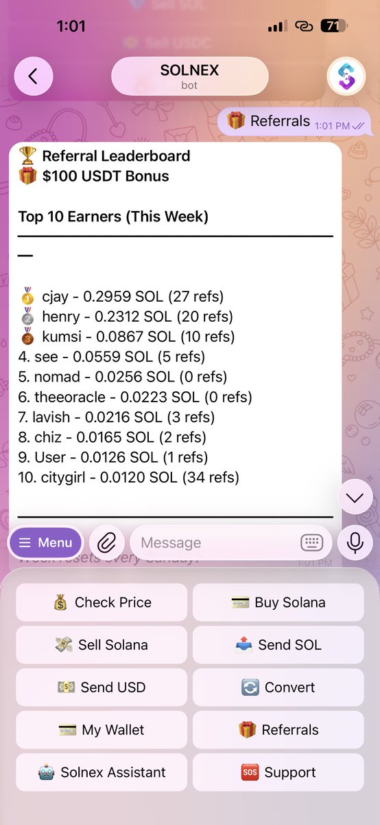 $100 USDT Giveaway 🎁

At The End Of Day  6
This is the current Leaderboard 

Rank Up Your Name On The Leaderboard by inviting your friends use Solnex.

Before 8th of Match To Win $100 USDT💸