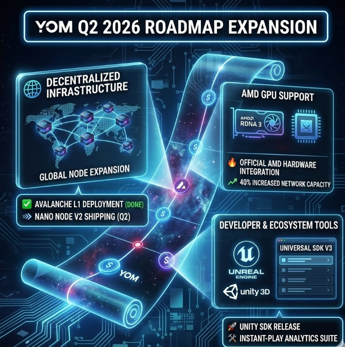 greensimples's tweet photo. Following our Q1 milestones, we’re charging into Q2 with:

AMD GPU support: Massive increase in total network compute capacity. 
Unity SDK: Native support for the world's most popular game engine. 
New commercial platform: A showcase of YOM infrastructure at scale.

@YOM_Official https://t.co/HxcOuwAKpS