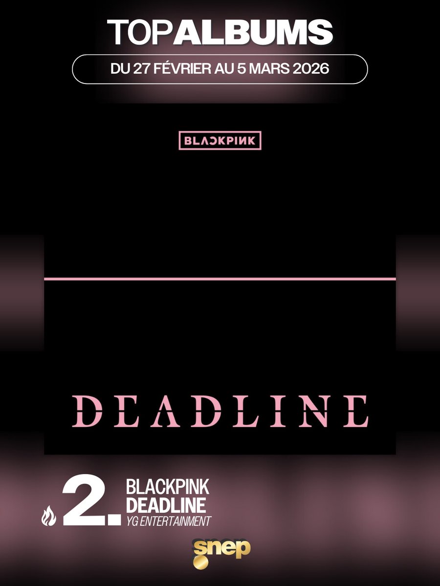 .<a href="/BLACKPINK/">BLACKPINKOFFICIAL</a>’s “DEADLINE” debuts at #2 on this week’s France Albums chart (SNEP), breaking their own record as the highest-charting project by a female K-Pop act in history in the French chart.

Their previous project, Born Pink, peaked at #3, while The Album reached #11!