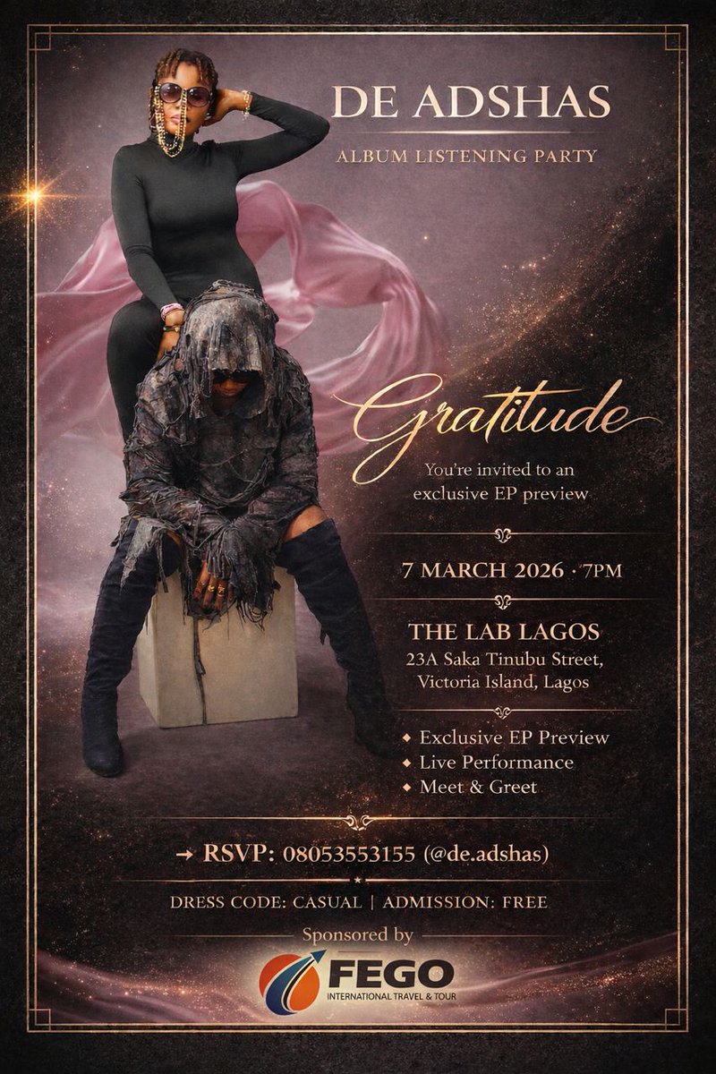 De_adshas's tweet photo. A Beautiful day to you! ❤️😊
The day we've been waiting for is finally here! 💃💃🌹🌹❤️
*You Are Invited!* 
           *To* 
De Adshas Album 'Gratitude'  listening party!
Join us tonight March 7 for a lit listening party 
@The lab lagos, 23a Saka Tinubu street, V. I, Lagos. 
7pm https://t.co/X0Gld45MCJ