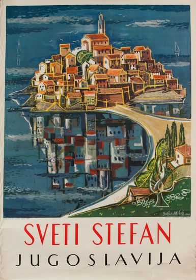 Tourist promotional poster for Sveti Stefan, Montenegro, 1960s.