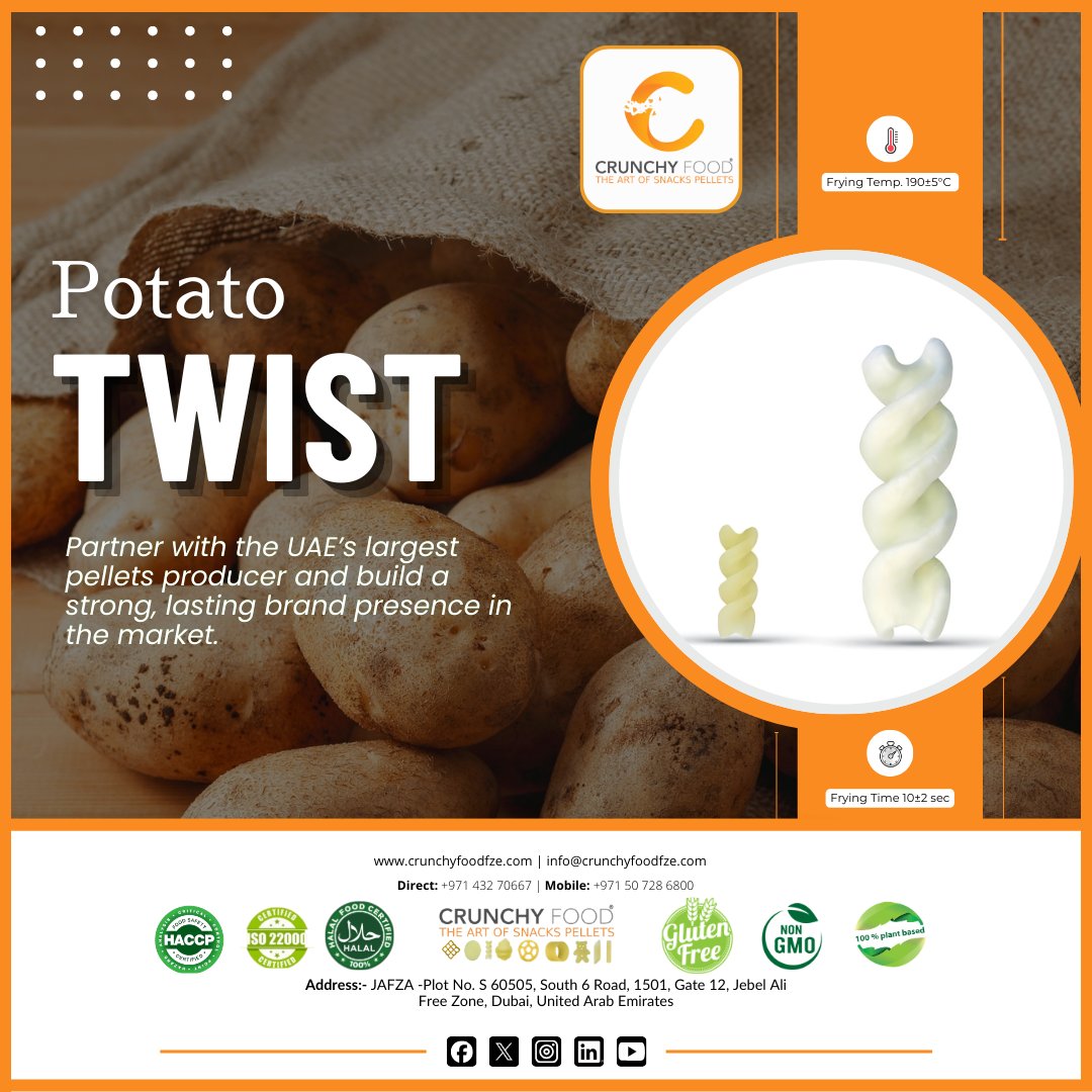 CrunchyFoodFze's tweet photo. 🥔 A Twist That Starts with the Right Pellet!

#CrunchyFoodFZE’s potato-based twist pellets bring both style and reliability. With advanced European tech, each #snackpellet expands into a crisp spiral that holds seasoning perfectly.

🌐 https://t.co/kvGt16sHN7

#potatotwist https://t.co/e5X5IVwDsP