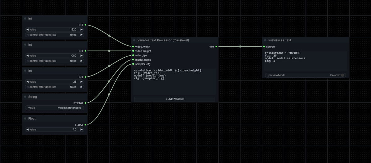 masslevel's tweet photo. Just released a new ComfyUI node package.
The Variable Text Processor lets you write multiline templates with {variable_name} placeholders and wire any value to named pins. The pin name is the variable name.
Supports STRING, INT & FLOAT. Available on the Comfy Registry.
https://t.co/z3lfyi03Tc
#ComfyUI