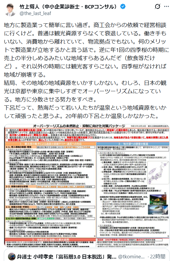 これに関しては残念ながら最初の元twの方が正しくて、観光振興しようにもそれを支える交通インフラと「働き手の生活を支える産業」が必要なのですよ。飛騨高山ですら人不足で観光成り立たないという話があるくらい。
archive.md/4CYDp
archive.md/w5y0u
x.com/the_last_leaf/…