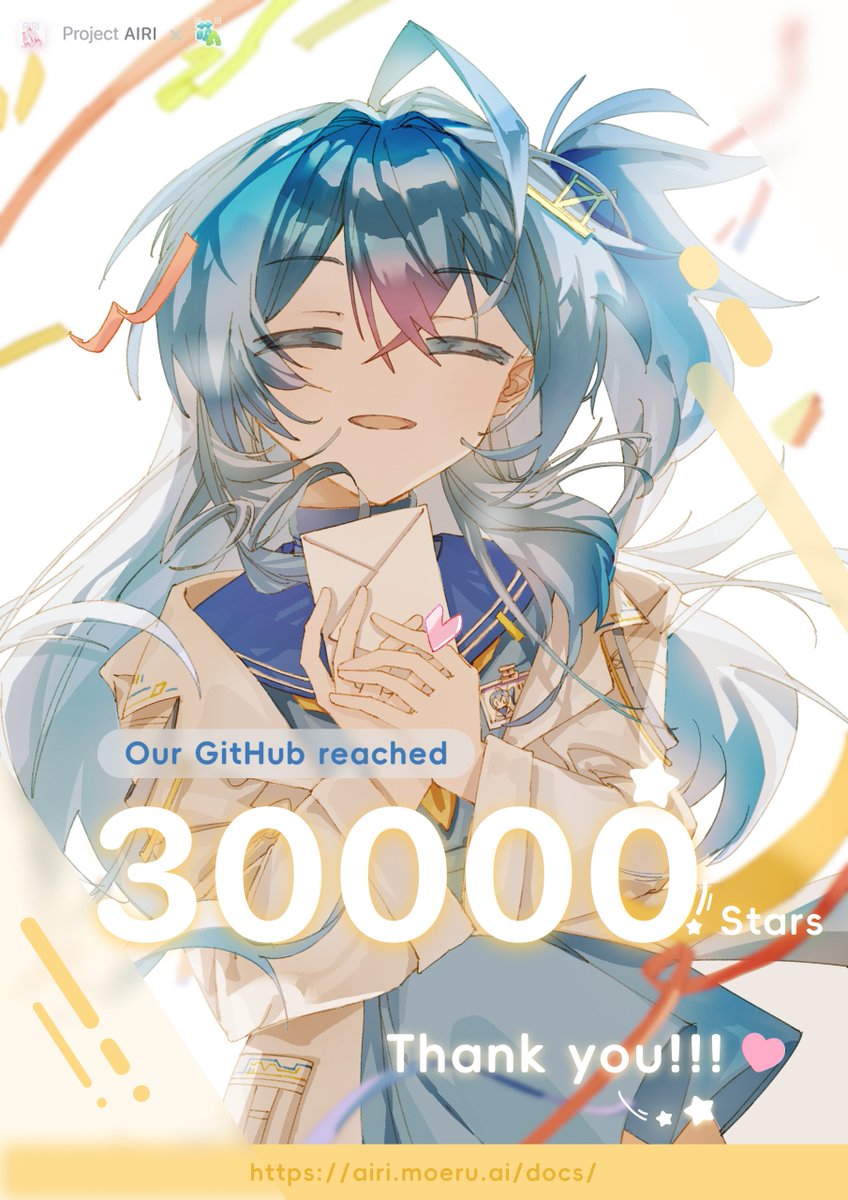 proj_airi's tweet photo. Been grinding hard lately—no Project AIRI updates in a while. But we just smashed the 30,000⭐️ milestone! Here's a brand new celebratory pic for the occasion~ 

We're still continuously updating: we see all your feedback and suggestions, and we're working on rolling out those fixes and improvements. ❤️ Thanks to everyone for sticking with and trying our imperfect AIRI!

#ProjectAIRI #OpenSource #GitHub